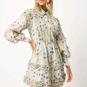 Elliatt Cream Midi Dress with Bishop Sleeves and Dress Shirt Collar